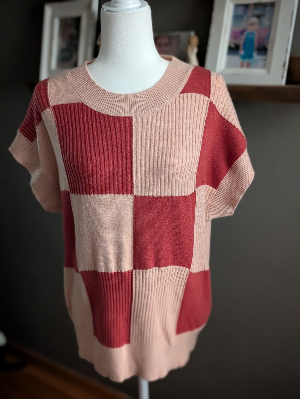 Evaless Checked Short Sleeve Sweater Size Large Preppy Checkerboard Knit
